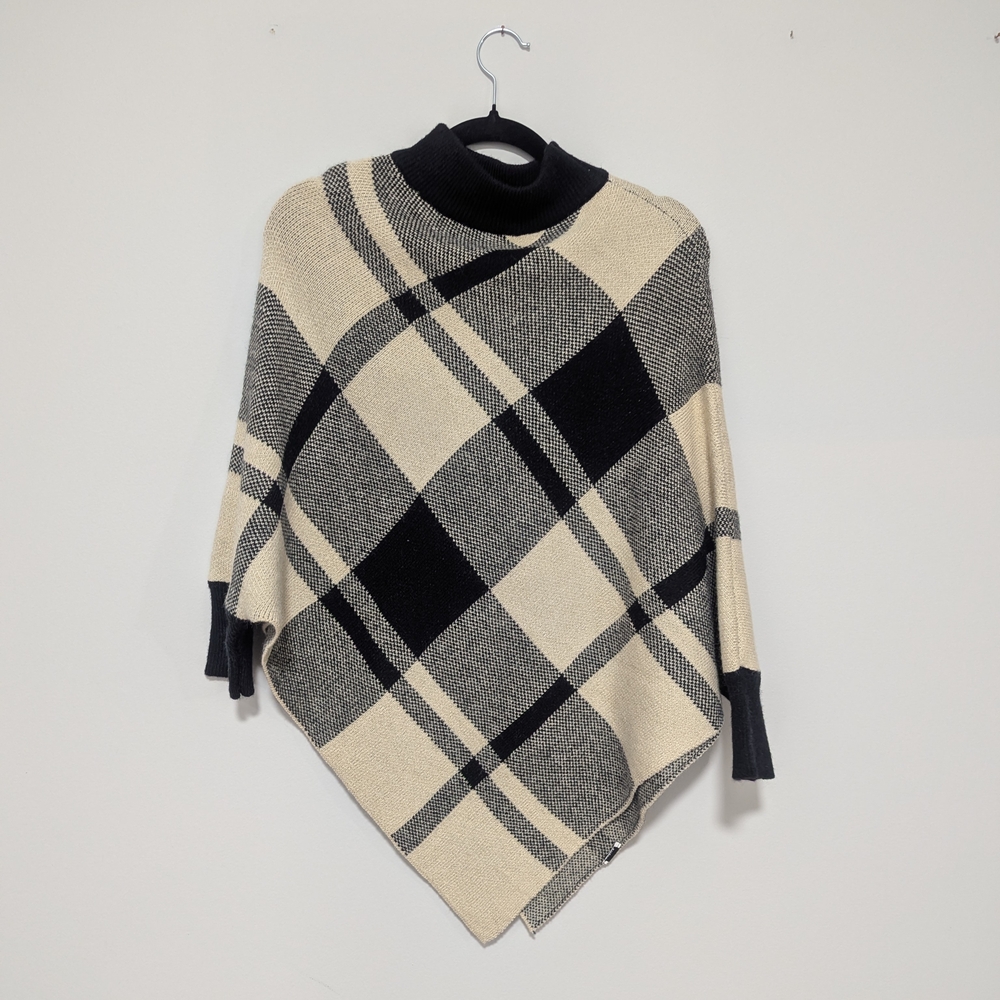 SHEIN Black and Cream Plaid Poncho Sweater